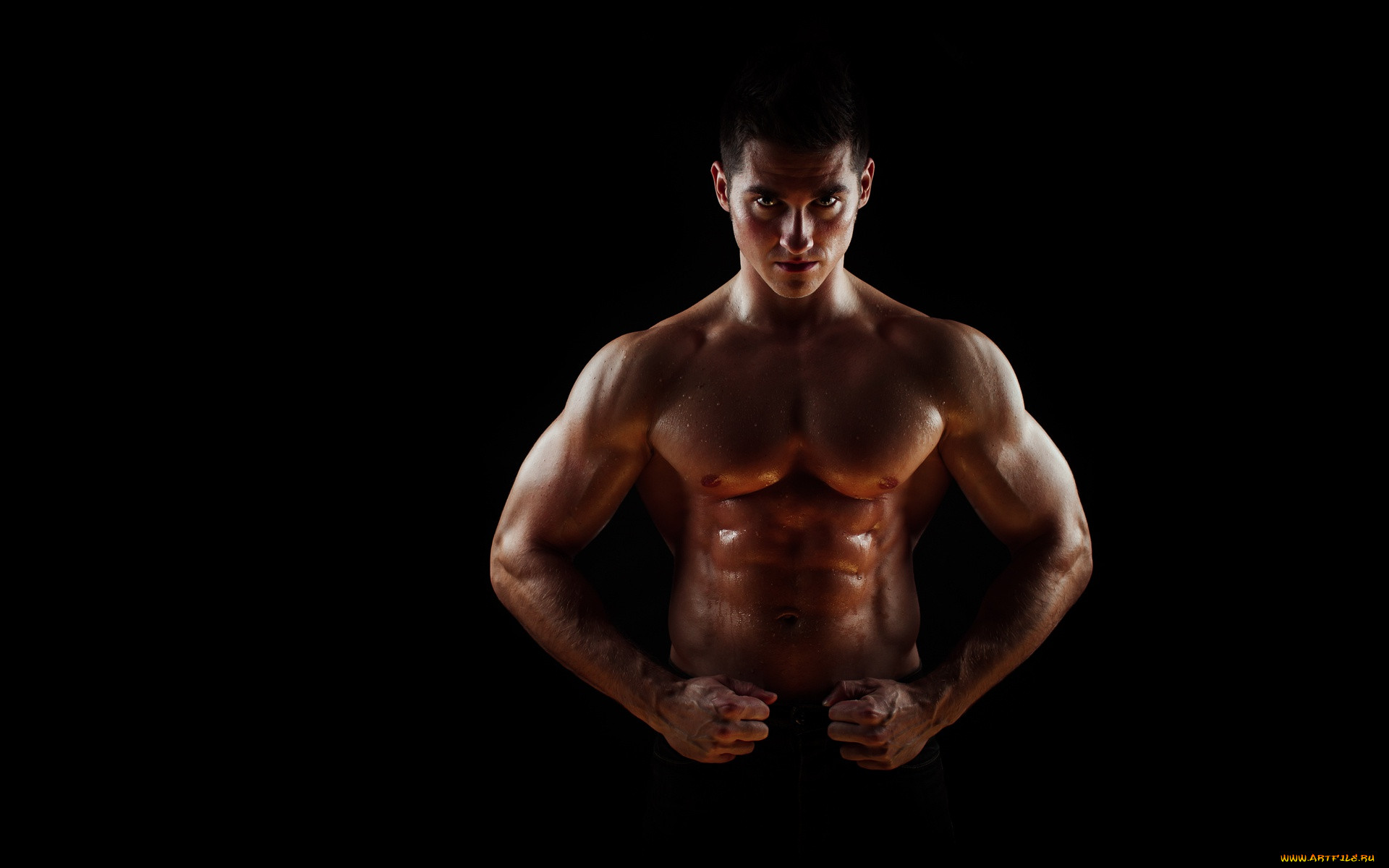 , - unsort, pose, sweat, abdominals, bodybuilder, penetrating, gaze, muscular, wide, pectorals